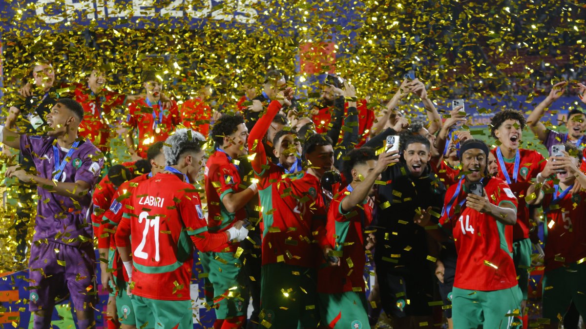 Moroccan players celebrate winning the FIFA U-20 World Cup final match between Argentina and Morocco, Santiago, Chile, Oct. 19, 2025. (EPA Photo)