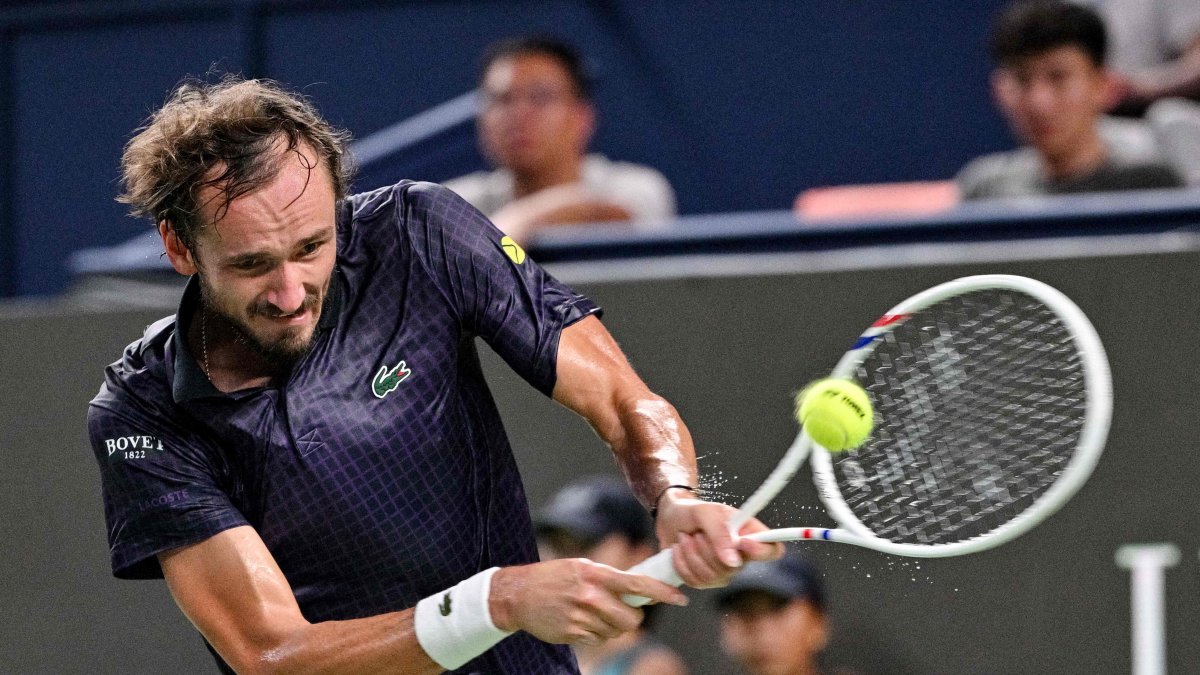 Russia&#039;s Daniil Medvedev hits a return to France&#039;s Arthur Rinderknech during their men’s singles semi-final match at the Shanghai Masters tennis tournament, Shanghai, China, Oct. 11, 2025. (AFP Photo)