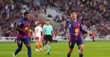 Barcelona&#039;s Pedri (R) celebrates scoring his team&#039;s first goal during the La Liga match against Girona at Estadi Olimpic Lluis Companys, Barcelona, Spain, Oct. 18, 2025. (Getty Images Photo)