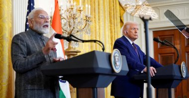 U.S. President Donald Trump listens as Indian Prime Minister Narendra Modi speaks during a joint news conference at the White House, Washington, U.S., Feb. 13, 2025. (Reuters Photo)