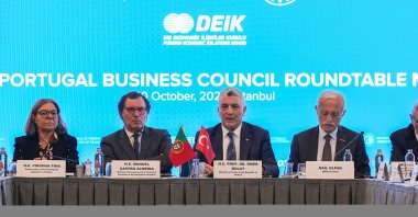 Trade Minister Ömer Bolat (2nd R) speaks during the Türkiye-Portugal Business Forum, Istanbul, Türkiye, Oct. 20, 2025. (AA Photo)
