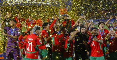 Moroccan players celebrate winning the FIFA U-20 World Cup final match between Argentina and Morocco, Santiago, Chile, Oct. 19, 2025. (EPA Photo)