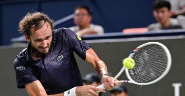 Russia&#039;s Daniil Medvedev hits a return to France&#039;s Arthur Rinderknech during their men’s singles semi-final match at the Shanghai Masters tennis tournament, Shanghai, China, Oct. 11, 2025. (AFP Photo)