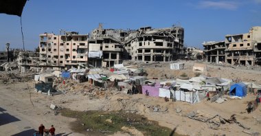 Displaced Palestinians live in tents near destroyed buildings since they cannot return to their houses, Gaza, Palestine, Oct. 19, 2025. (Reuters Photo)