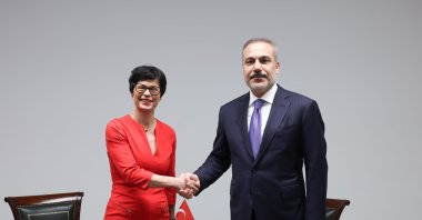 Foreign Minister Hakan Fidan meets with EU Commissioner for Enlargement Marta Kos in Luxembourg, Oct 20, 2025. (AA Photo)