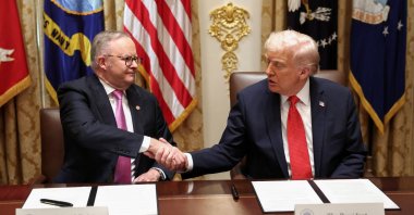 U.S. President Donald Trump and Australia&#039;s Prime Minister Anthony Albanese shake hands as they sign an agreement on rare earth and critical minerals during a meeting in the Cabinet Room at the White House, in Washington, D.C., U.S., Oct. 20, 2025. (Reuters Photo)