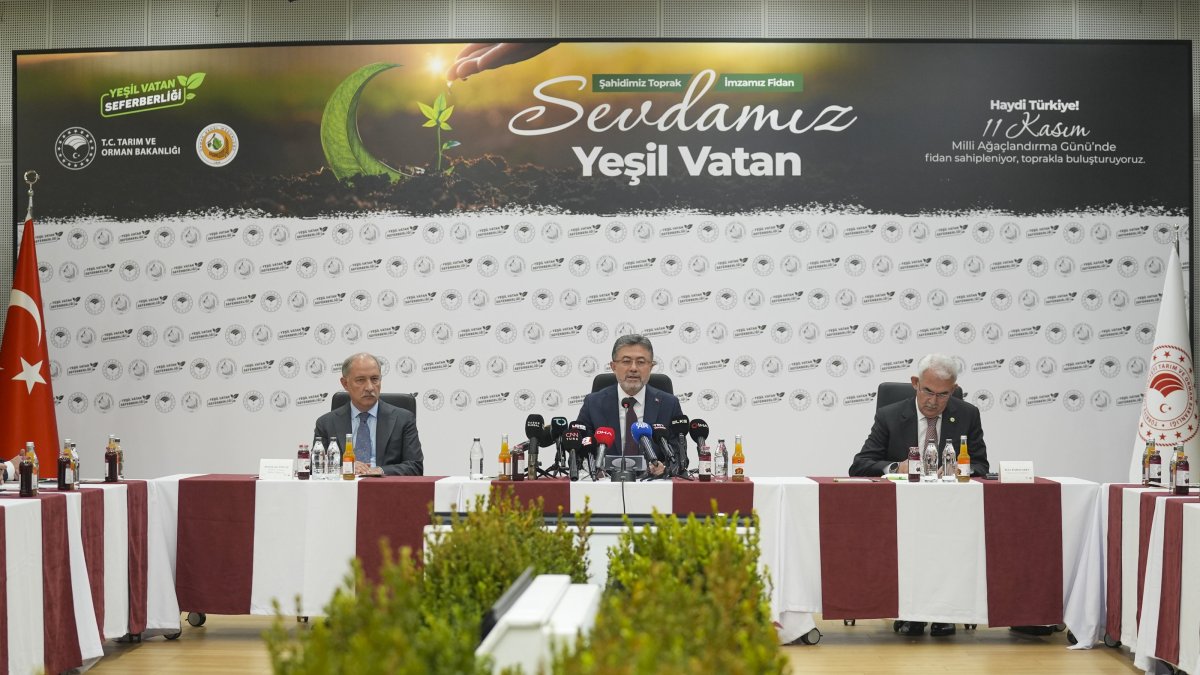 Minister of Agriculture and Forestry Ibrahim Yumaklı speaks at a news conference on the "Green Homeland Mobilization," Ankara, Türkiye, Oct. 21, 2025. (AA Photo)