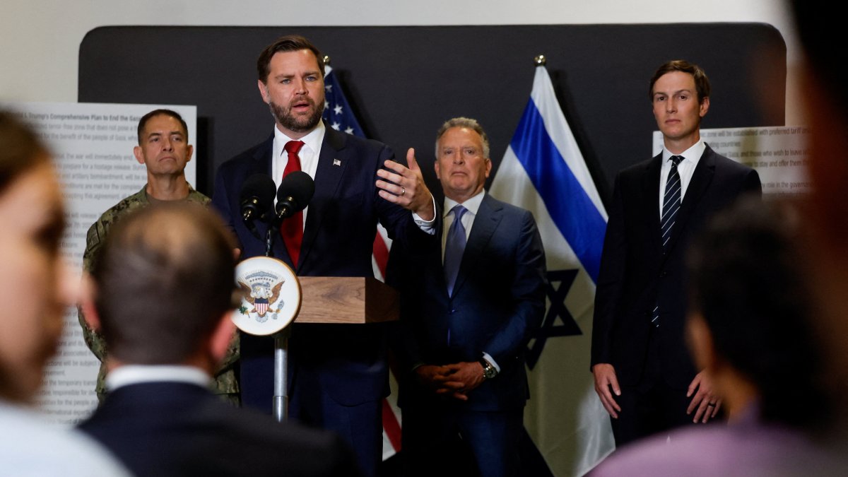 U.S. Vice President JD Vance speaks to members of the media next to U.S. Special Envoy to the Middle East Steve Witkoff and Jared Kushner in Kiryat Gat, Israel, Oct. 21, 2025. (Reuters Photo)