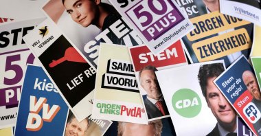 Dutch election posters before the analysis of the political parties&#039; election manifestos by the Netherlands Bureau for Economic Policy Analysis ahead of the House of Representatives elections, Oct. 10, 2025. (AFP Photo)