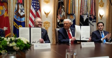 U.S. President Donald Trump (R) and Australian Prime Minister Anthony Albanese (L) sign documents during their meeting in the White House, Washington, D.C., U.S., Oct. 20, 2025. (EPA Photo)