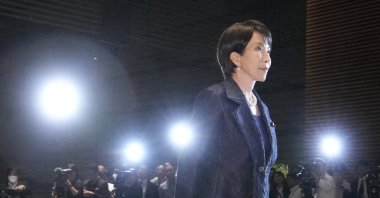 Japan&#039;s new Prime Minister Sanae Takaichi leaves for the Imperial Palace, at the prime minister&#039;s official residence, Tokyo, Japan, Oct. 21, 2025. (Kyodo via Reuters)
