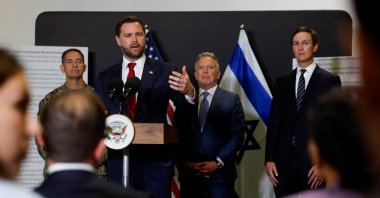 U.S. Vice President JD Vance speaks to members of the media next to U.S. Special Envoy to the Middle East Steve Witkoff and Jared Kushner in Kiryat Gat, Israel, Oct. 21, 2025. (Reuters Photo)
