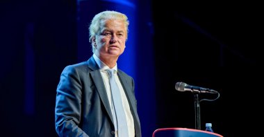 Dutch far-right leader of the &#039;Party for Freedom&#039; (PVV) Geert Wilders addresses delegates during the Danish People&#039;s Party&#039;s annual meeting in Viborg, Denmark, Sept. 27, 2025. (AFP Photo)