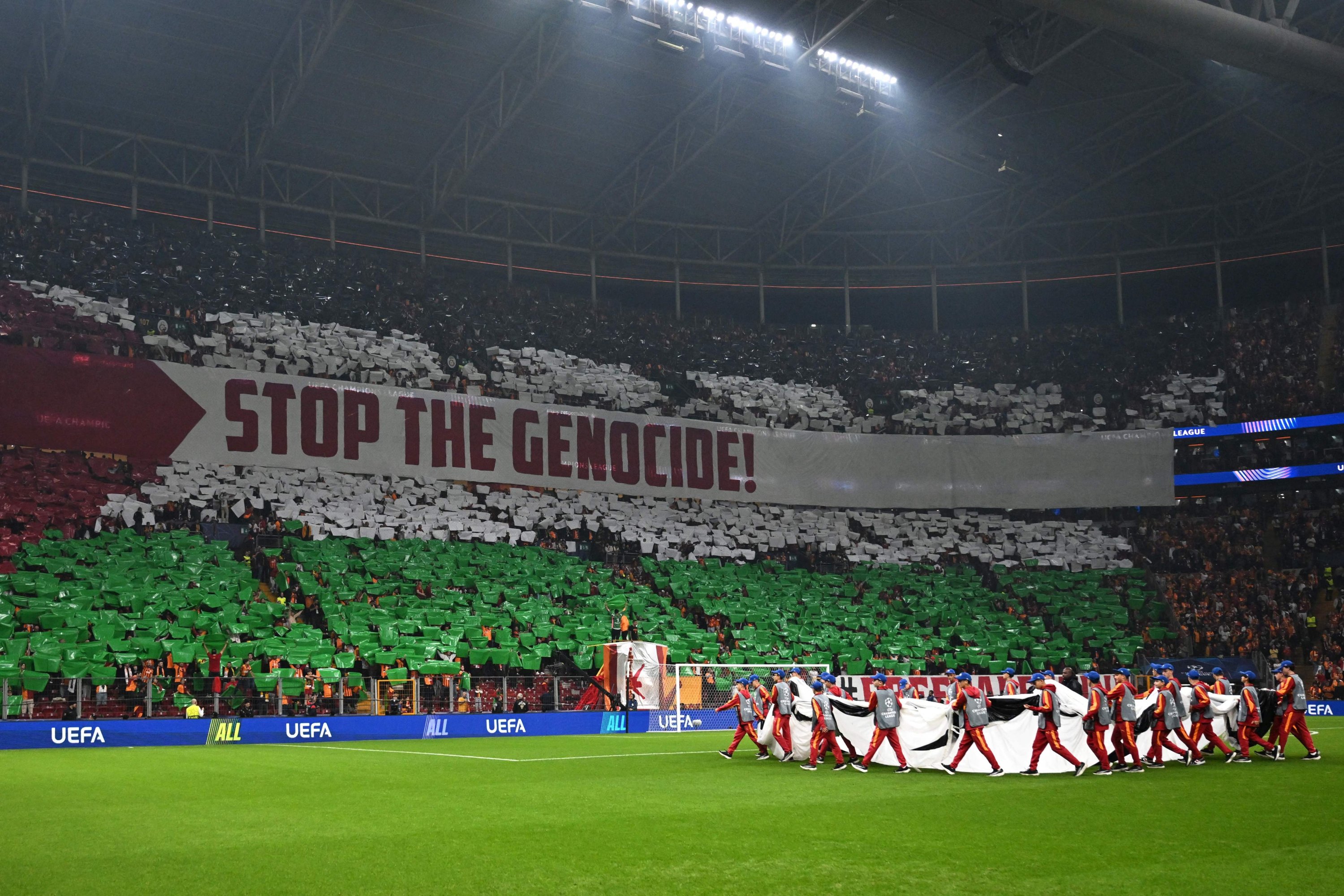 Galatasaray SK's supporters display a giant tifo in support of the Palestinians prior to the UEFA Champions League, league phase - day 3, football match between Galatasaray SK and Bodo/Glimt at the Rams Park in Istanbul, Oct. 22, 2025. (AFP Photo)