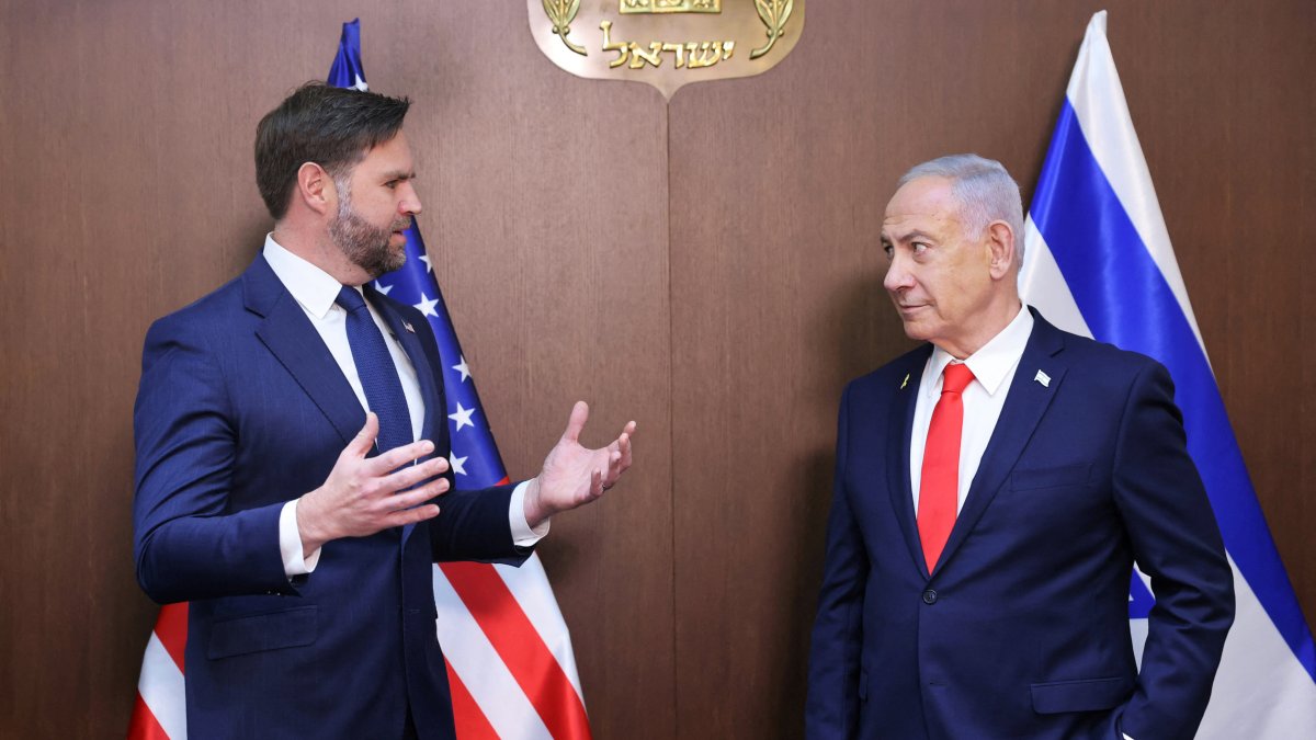 U.S. Vice President JD Vance (L) and Israeli Prime Minister Benjamin Netanyahu speak during a meeting at the prime minister&#039;s office, west Jerusalem, Israel, Oct. 22, 2025. (Reuters Photo)