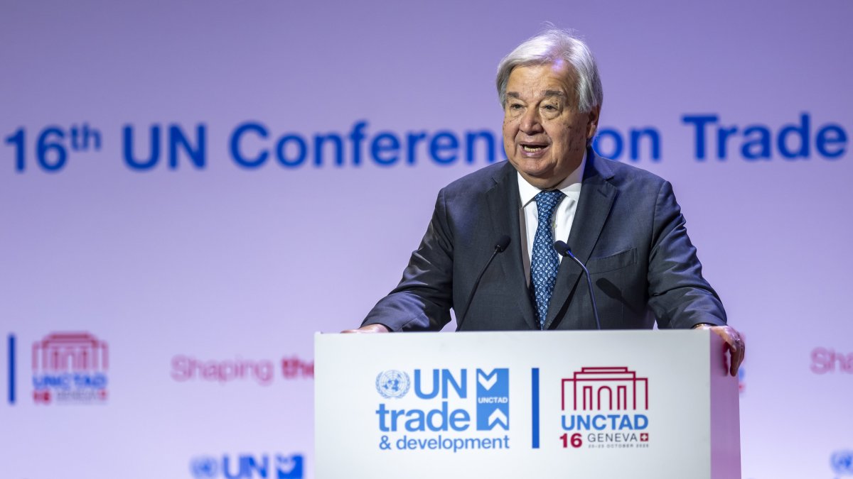 U.N. Secretary-General Antonio Guterres delivers his statement during the UNCTAD 16 intergovernmental meeting convened by United Nations Conference on Trade and Development (UNCTAD), at the European headquarters of the United Nations in Geneva, Switzerland, Oct. 22, 2025. (EPA Photo)