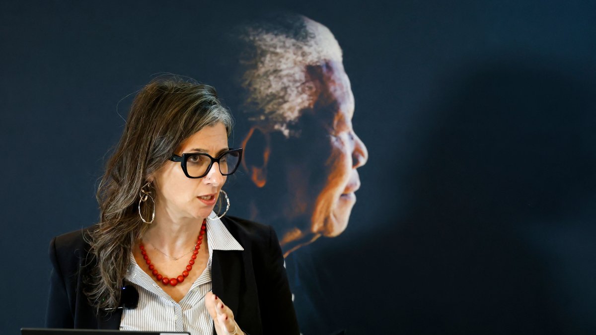 UN Special Rapporteur on the occupied Palestinian territories Francesca Albanese speaks during a press conference at the Nelson Mandela Foundation in Johannesburg, Oct. 22, 2025. (AFP Photo)