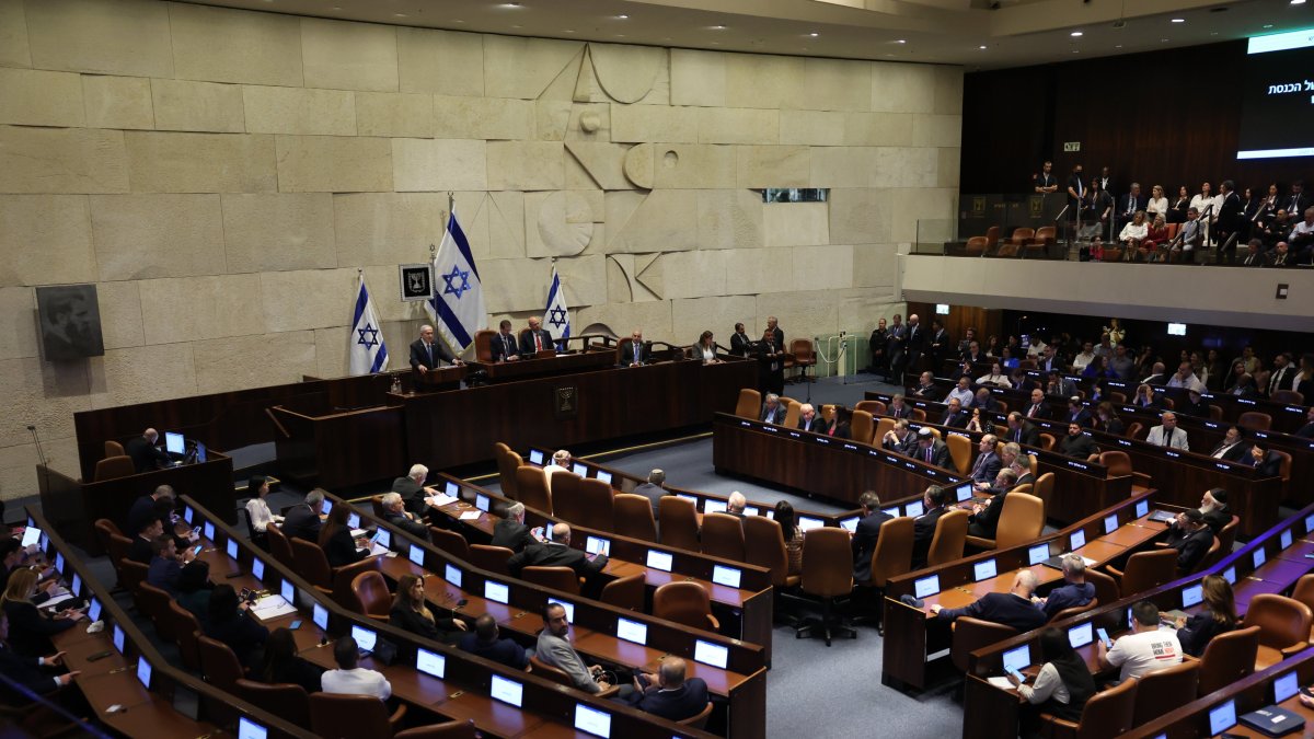Israeli Prime Minister Benjamin Netanyahu delivers a speech at the opening of the winter session of the Israeli parliament, Knesset, in Jerusalem, Oct. 20, 2025. (EPA Photo)