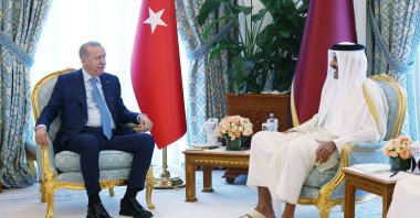 President Recep Tayyip Erdoğan meets with Qatari Emir Sheikh Tamim bin Hamad Al Thani, Doha, Qatar, Oct. 22, 2025. (AA Photo)