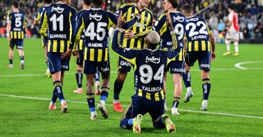 Fenerbahçe’s Anderson Talisca (94) celebrates with teammates after scoring in a match against Fatih Karagümrük in Istanbul, Türkiye, Oct. 19, 2025. (AA Photo)