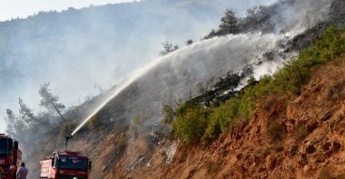 Fire spreads to a forested area after a vehicle accident as firefighting crews work from both land and air to control the blaze, Balıkesir, Türkiye, Sept. 27, 2025. (AA Photo)