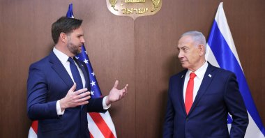 U.S. Vice President JD Vance (L) and Israeli Prime Minister Benjamin Netanyahu speak during a meeting at the prime minister&#039;s office, west Jerusalem, Israel, Oct. 22, 2025. (Reuters Photo)