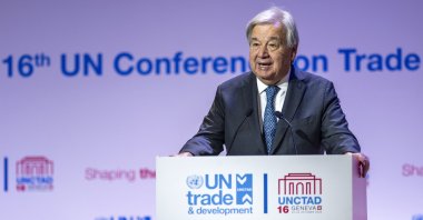U.N. Secretary-General Antonio Guterres delivers his statement during the UNCTAD 16 intergovernmental meeting convened by United Nations Conference on Trade and Development (UNCTAD), at the European headquarters of the United Nations in Geneva, Switzerland, Oct. 22, 2025. (EPA Photo)