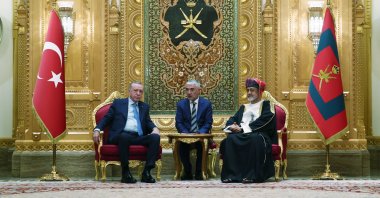 President Recep Tayyip Erdoğan and Sultan Haitham bin Tariq Al Said attend a meeting, Muscat, Oman, Oct. 22, 2025. (IHA Photo)