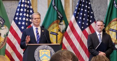 U.S. Treasury Secretary Scott Bessent, alongside Trade Representative Jamieson Greer, attends a press conference in Washington, D.C., Oct. 15, 2025. (EPA Photo)