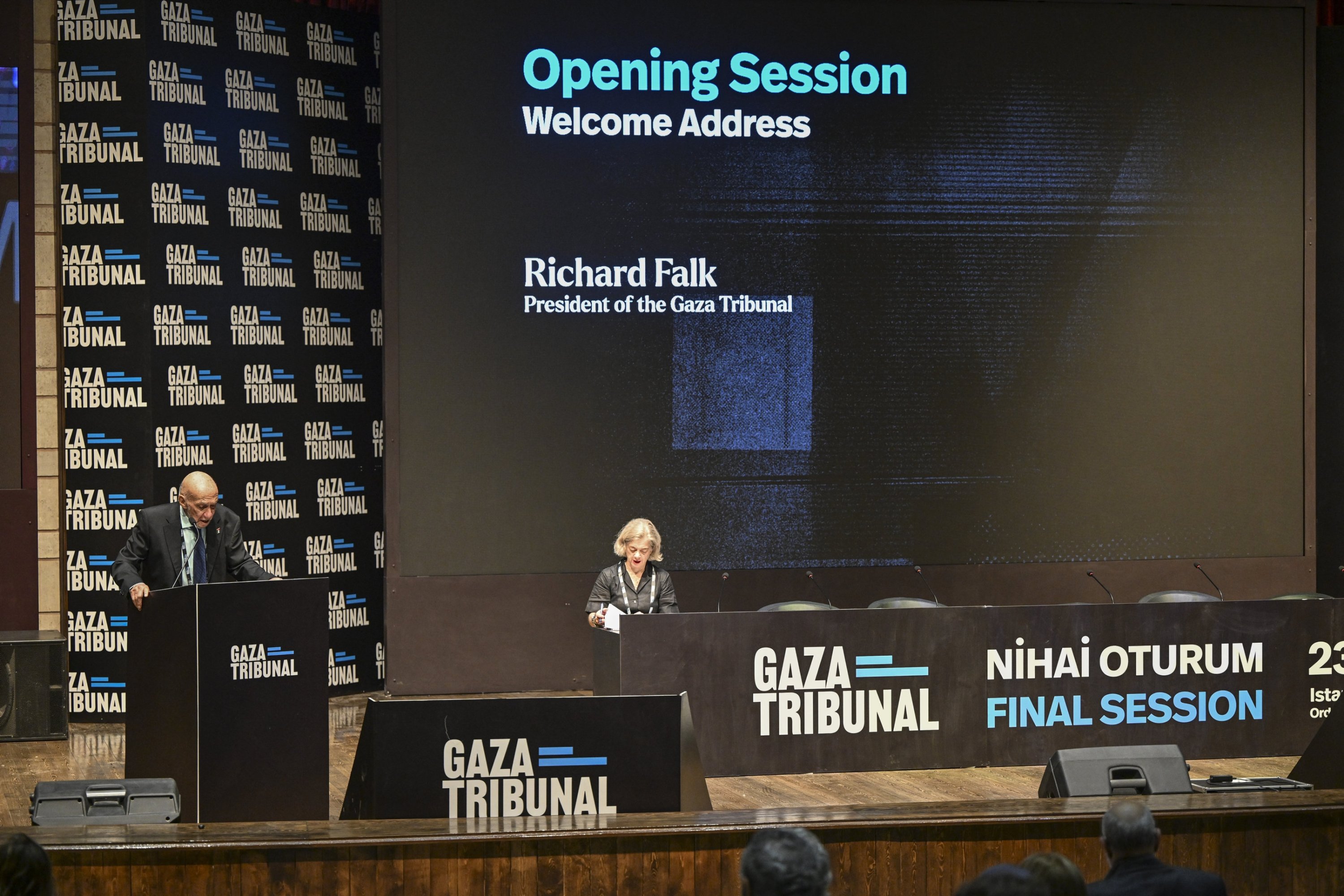 Professor Richard Falk delivers his opening remarks at the final session of the Gaza Tribunal, Istanbul, Türkiye, Oct. 23, 2025. (AA Photo)