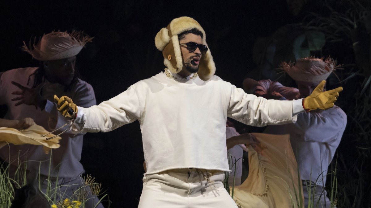 Bad Bunny performs during the final concert of his summer residency in his homeland at the Coliseo de Puerto Rico Jose Miguel Agrelot, San Juan, Puerto Rico, Sept. 20, 2025. (AP Photo)