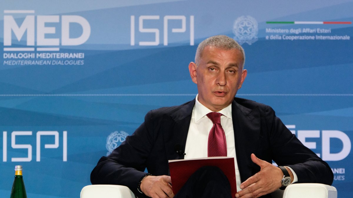 Turkish Football Federation (TFF) President İbrahim Hacıosmanoğlu speaks at the “Mediterranean Dialogues Conference” held at the Royal Palace, Naples, Italy, Oct. 17, 2025. (AA Photo)
