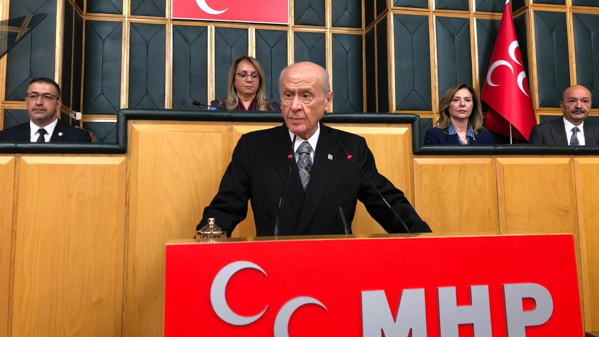 MHP Chairperson Devlet Bahçeli speaks during his party’s parliamentary group meeting, Ankara, Türkiye, Oct. 21, 2025. (DHA Photo)
