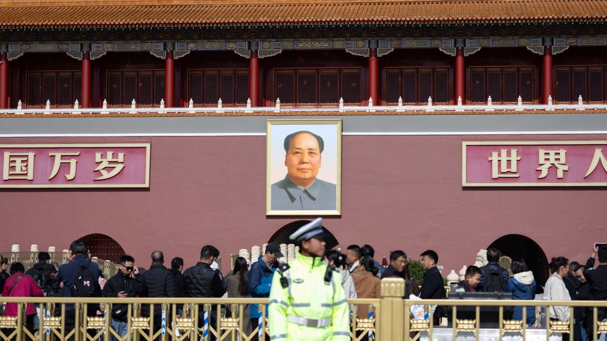 A police officer stands guard at Tiananmen Square in Beijing, China, Oct. 20, 2025. (EPA Photo)