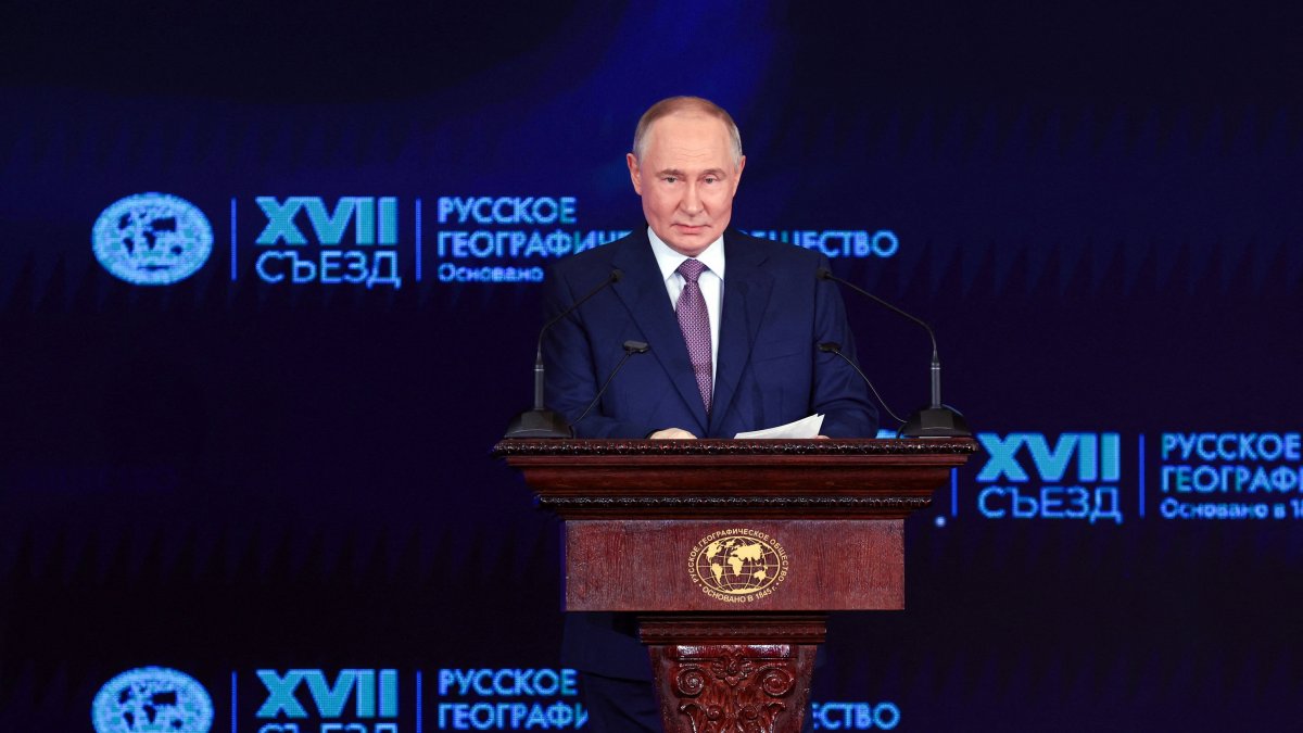 President Vladimir Putin delivers a speech during a conference of the Russian Geographical Society in Moscow, Russia, Oct. 23, 2025. (Reuters Photo)