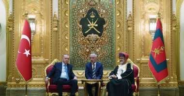 President Recep Tayyip Erdoğan and Sultan Haitham bin Tariq Al Said attend a meeting, Muscat, Oman, Oct. 22, 2025. (IHA Photo)