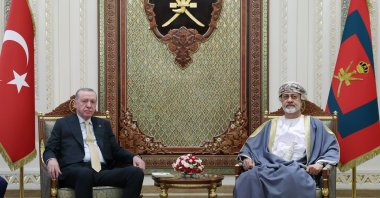 President Recep Tayyip Erdoğan and Oman&#039;s Sultan Haitham bin Tariq Al Said meet at Al Alam Palace, Muscat, Oman, Oct. 23, 2025. (AA Photo)