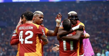 Galatasaray&#039;s Yunus Akgün celebrates with teammate Victor Osimhen (R) after scoring the 3-0 goal during the UEFA Champions League league phase match against Bodo/Glimt, Istanbul, Türkiye, Oct. 22, 2025. (EPA Photo)