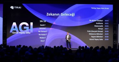 TRAI founder Halil Aksu delivers a keynote speech at the Türkiye AI Summit, Istanbul, Türkiye, Oct. 23, 2025. (Courtesy of TRAI)