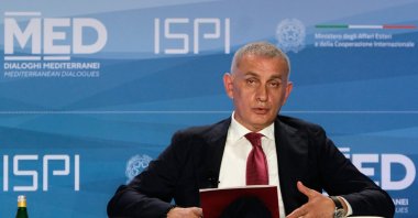 Turkish Football Federation (TFF) President İbrahim Hacıosmanoğlu speaks at the “Mediterranean Dialogues Conference” held at the Royal Palace, Naples, Italy, Oct. 17, 2025. (AA Photo)