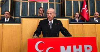 MHP Chairperson Devlet Bahçeli speaks during his party’s parliamentary group meeting, Ankara, Türkiye, Oct. 21, 2025. (DHA Photo)