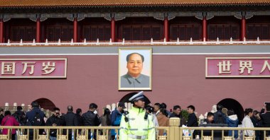 A police officer stands guard at Tiananmen Square in Beijing, China, Oct. 20, 2025. (EPA Photo)