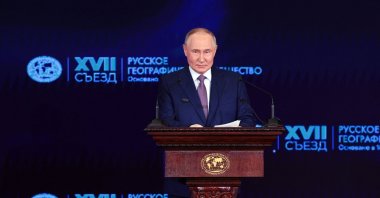 President Vladimir Putin delivers a speech during a conference of the Russian Geographical Society in Moscow, Russia, Oct. 23, 2025. (Reuters Photo)