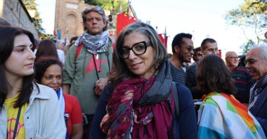 United Nations Special Rapporteur on the Occupied Palestinian Territories, Francesca Albanese (C), participates in the Perugia-Assisi Peace March, Perugia, Italy, Oct. 12, 2025. 