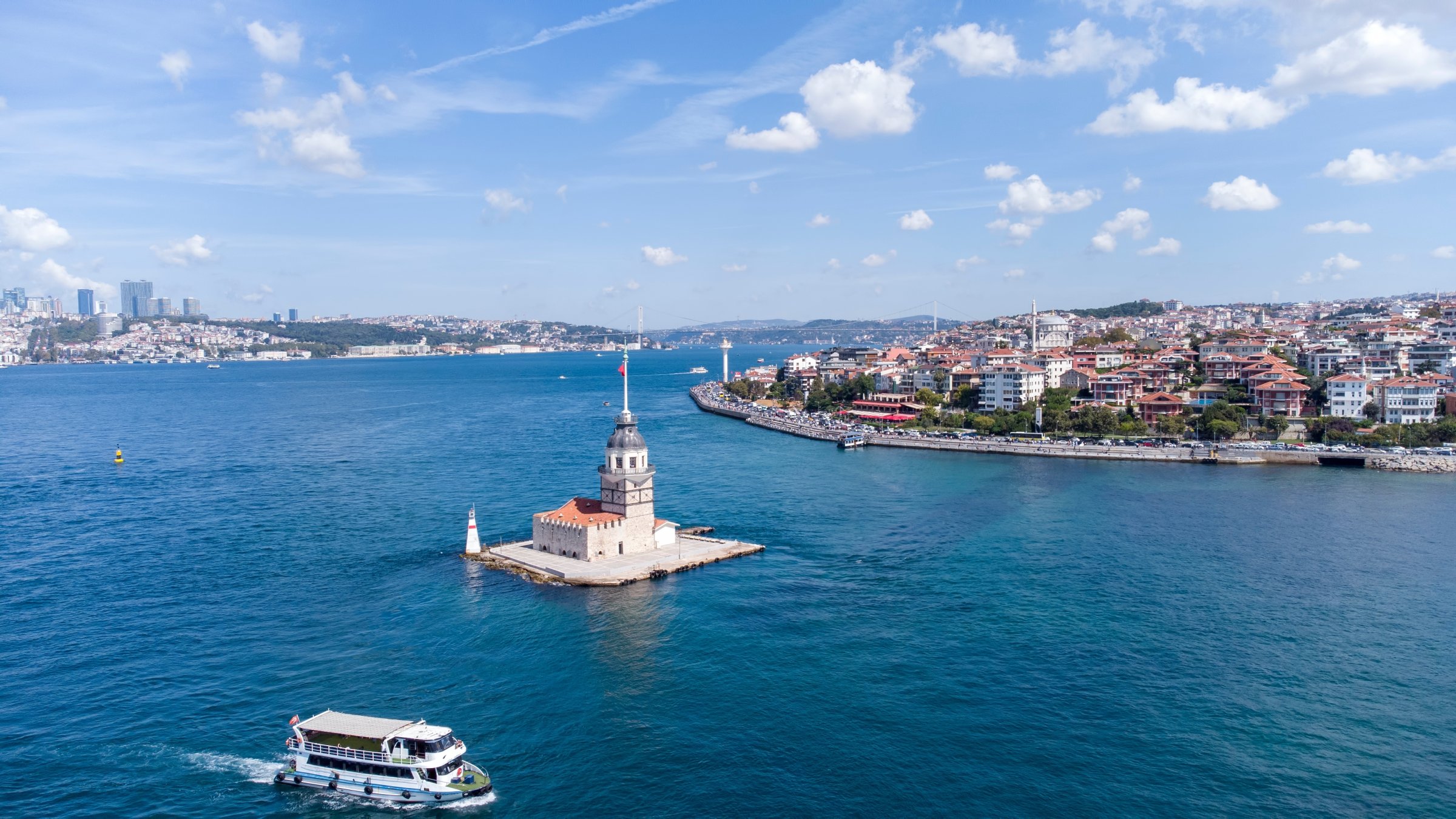 In this undated photo, an aerial view shows the historic Maiden&#039;s Tower in Üsküdar, Istanbul, Türkiye. (Shutterstock Photo)