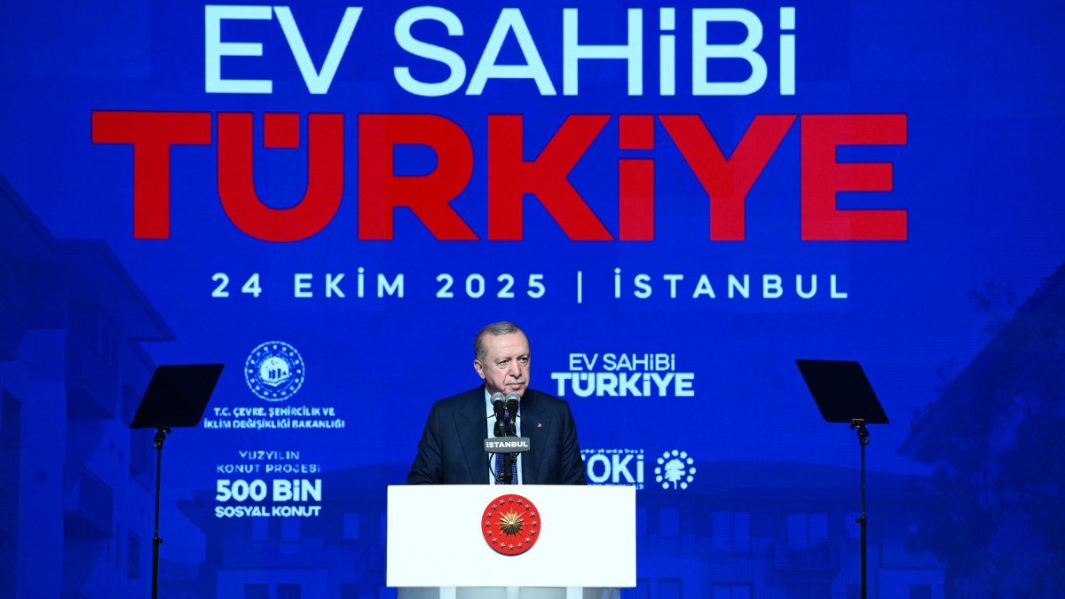 President Recep Tayyip Erdoğan speaks during the launch of the "Housing Project of the Century," Istanbul, Türkiye, Oct. 24, 2025. (AA Photo)