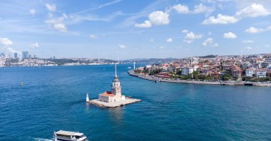In this undated photo, an aerial view shows the historic Maiden&#039;s Tower in Üsküdar, Istanbul, Türkiye. (Shutterstock Photo)