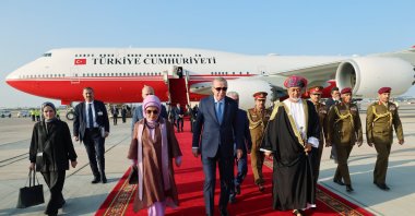 President Recep Tayyip Erdoğan and first lady Emine Erdoğan arrive in Muscat, Oman, Oct. 22, 2025. (AA Photo)