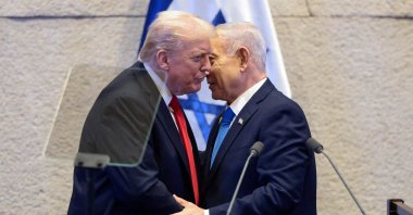 U.S. President Donald Trump and Israeli Prime Minister Benjamin Netanyahu stand at the Knesset on the day Trump addresses it, in west Jerusalem, Israel, Oct. 13, 2025. (Reuters Photo)