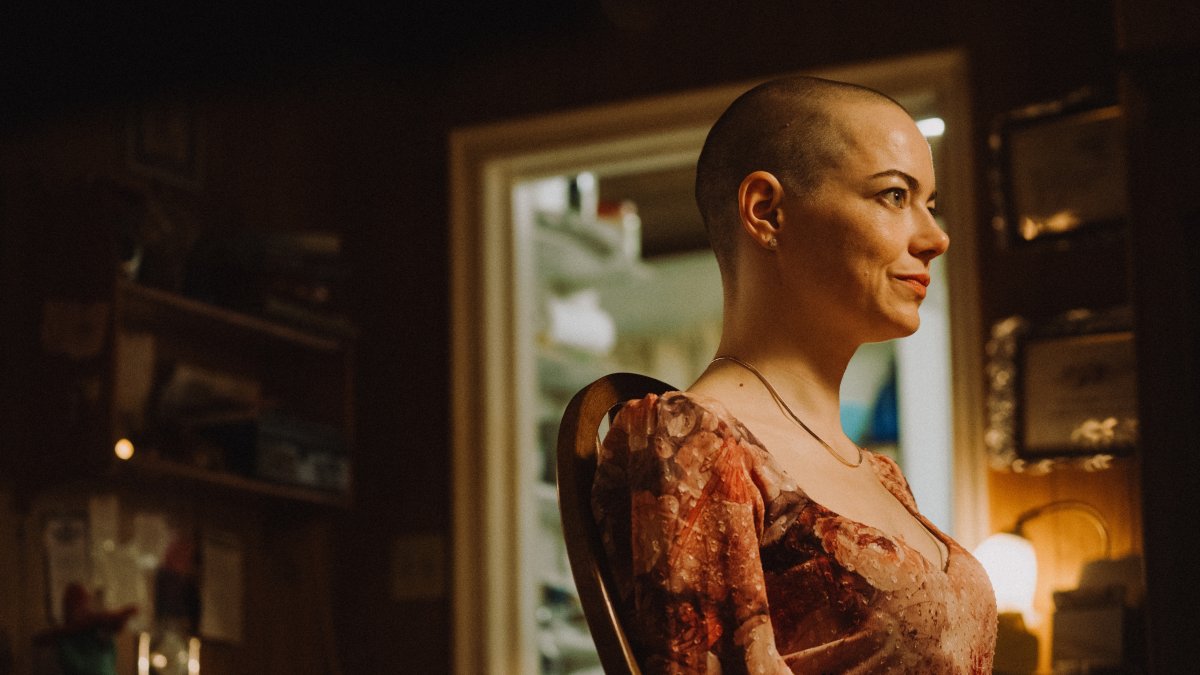 This image released by Focus Features shows Emma Stone in a scene from &quot;Bugonia.&quot; (AP Photo)